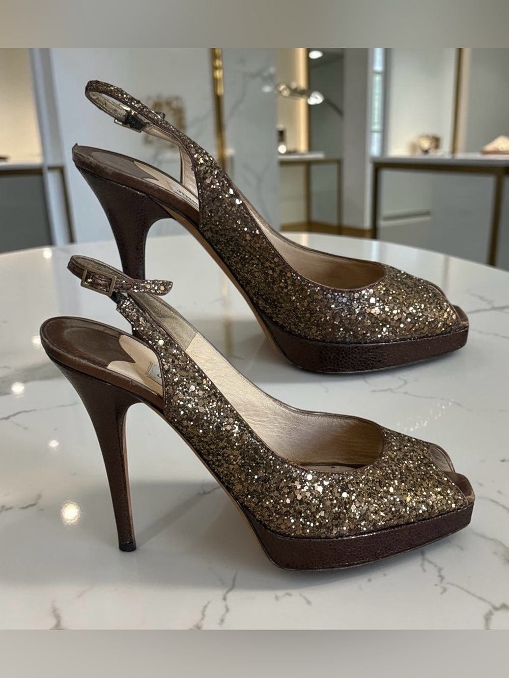 Jimmy Choo Nova Glitter Slingback Peep-Toe Platform Heels Bronze Gold Size 40